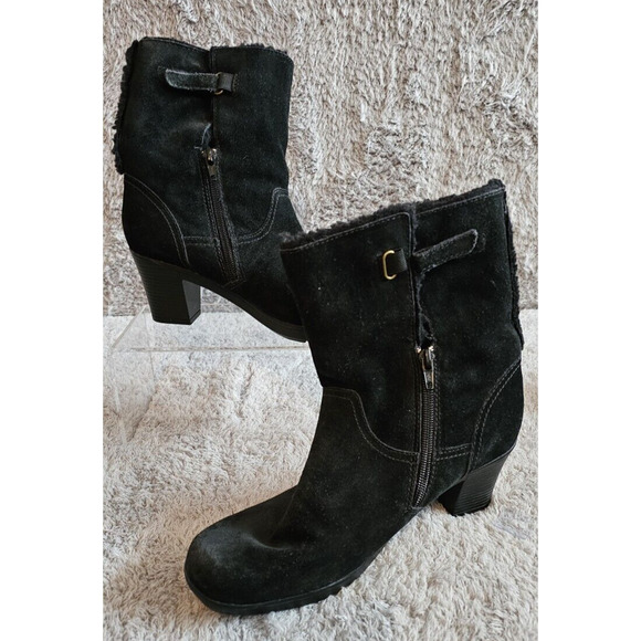Clarks Bendables Black Suede Leather Ankle Boots Women 8 Zip Side Faux Fur Lined - Picture 1 of 8